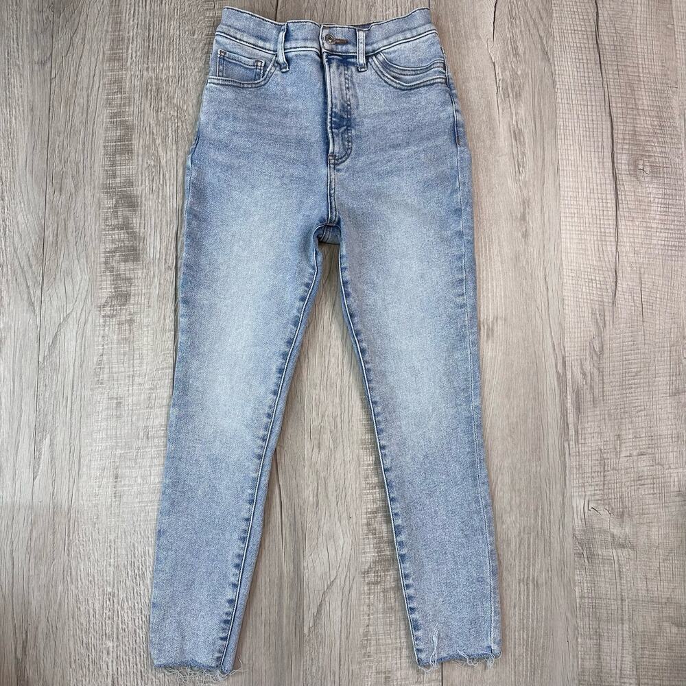Express WMNS Light Wash Stretch Skinny Raw Hem Jeans High Rise 4Short Blue Slim